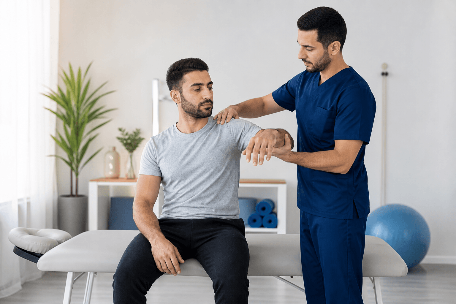 معالج طبيعي يقيّم كتف مريض داخل عيادة