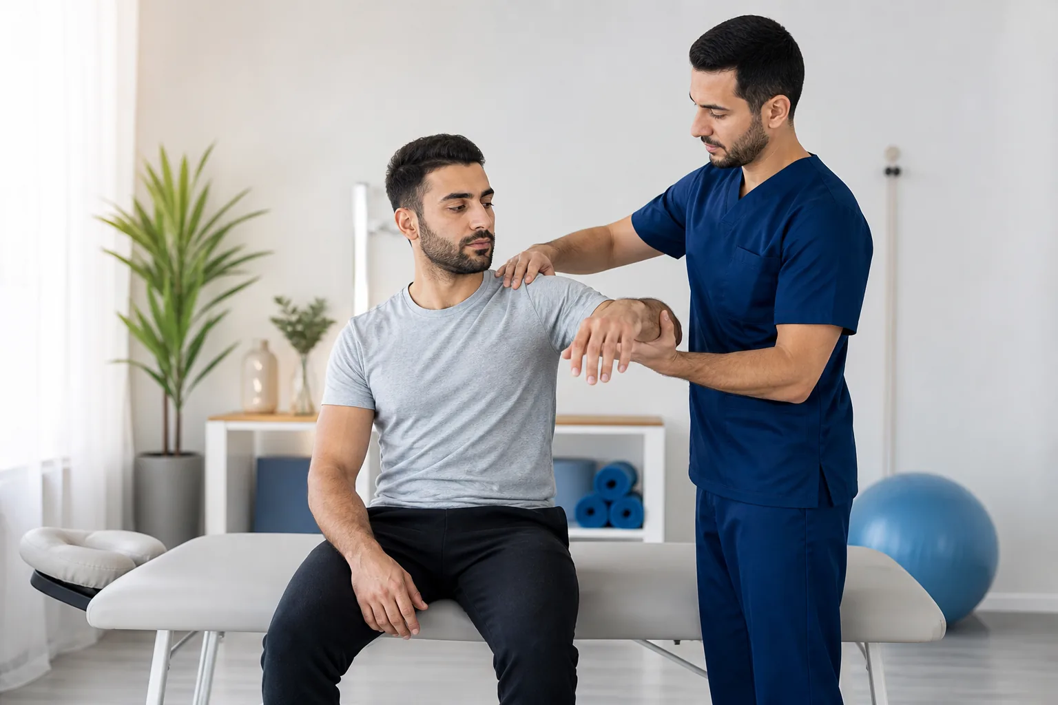 A physiotherapist assessing a patient's shoulder inside a clinic